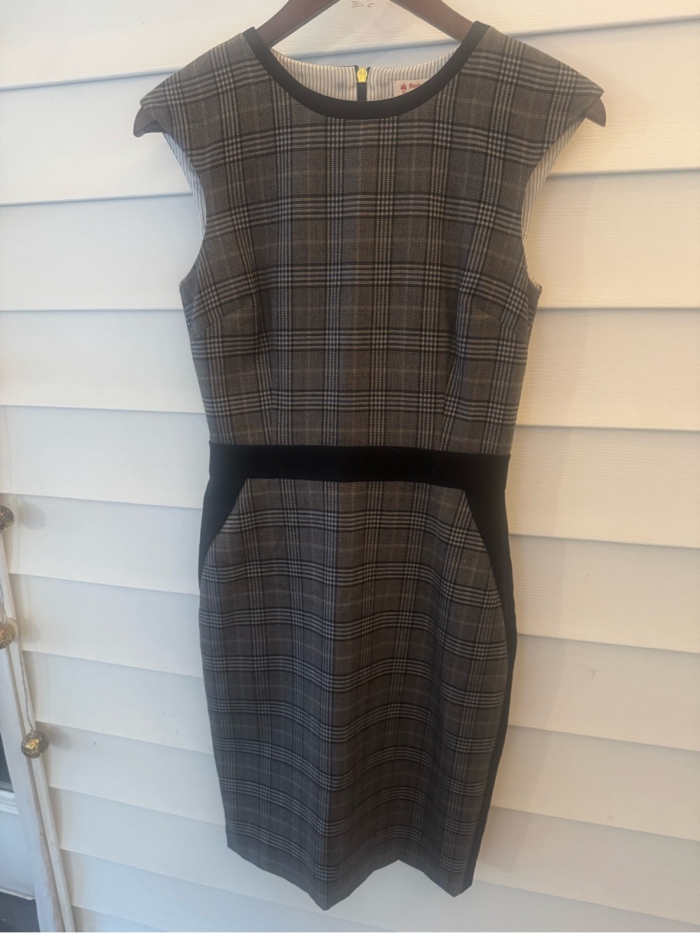 Brooks Brothers Gray Plaid Sheath Dress with Black Trim